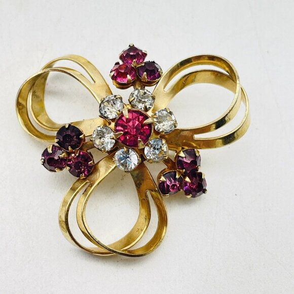 Cloverleaf Ribbon Pin Gold Tone Pink Clear Rhinestone Accents Nature Garden Tree - Picture 3 of 6